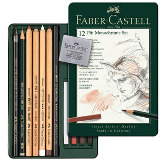 Faber-Castell Pitt Monochrome Artist Pencil Drawing Set, Tin of 12