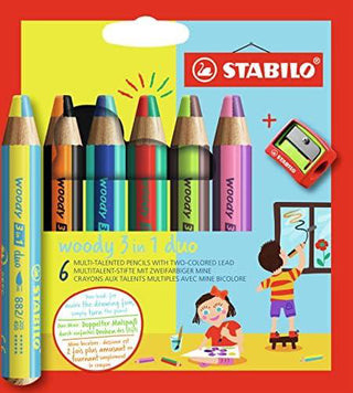 Stabilo Multi-Talented Pencil-Woody 3 in 1 Duo, Pack of 6 + Sharpener
